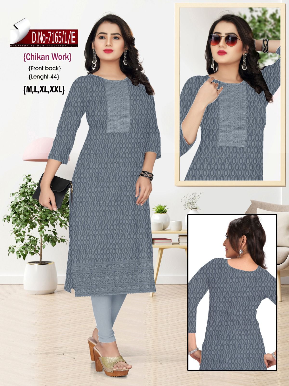 Women Grey Embroidered Chikankari Straight Kurta