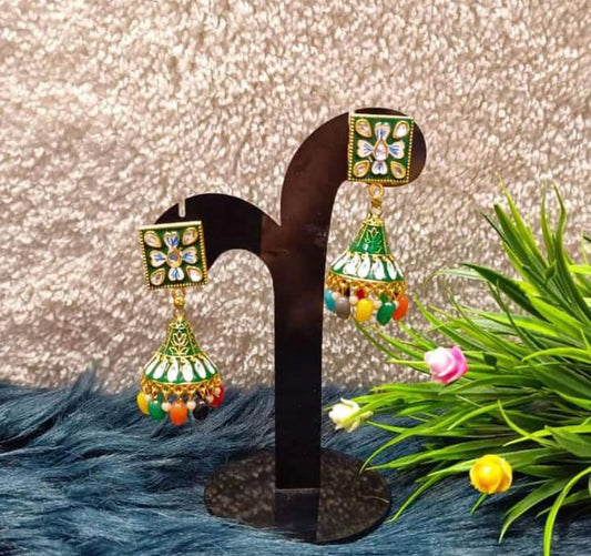 Jhumkas Meenakari Dome Kundan Earrings