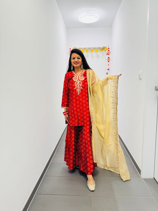 Red Embroidered Straight Art Silk Kurta with Sharara and Dupatta Set front drape view - Neha Couture Berlin