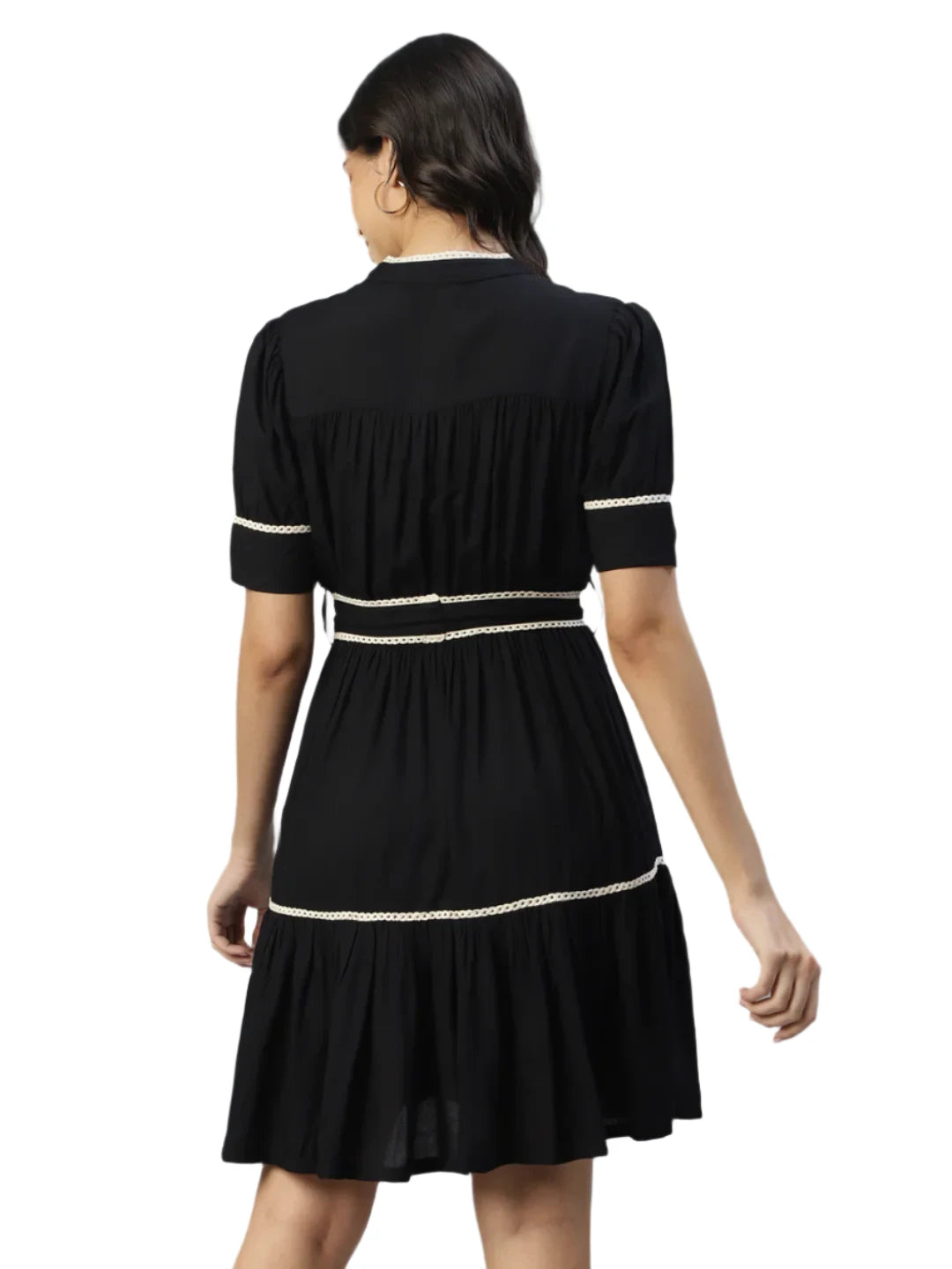 Women's Black Fit & Flare Puff Sleeve Knee Length Dress in Munich