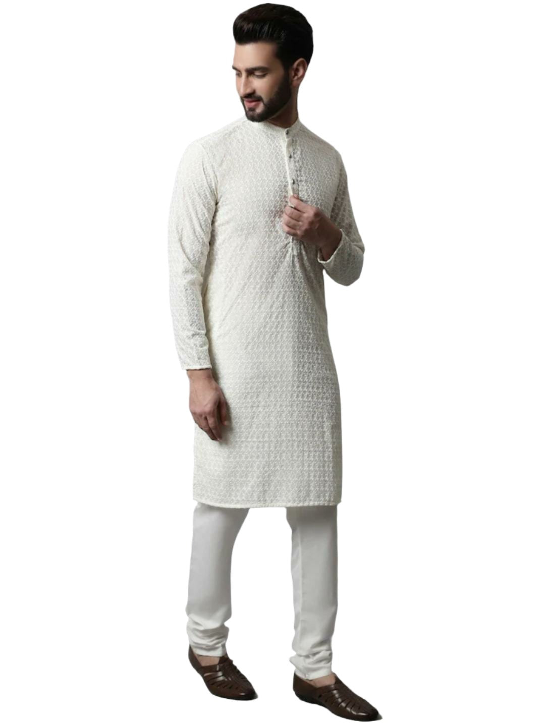 Chikankari Kurta with Churidar Ethnic Motifs Embroidered Pure Cotton