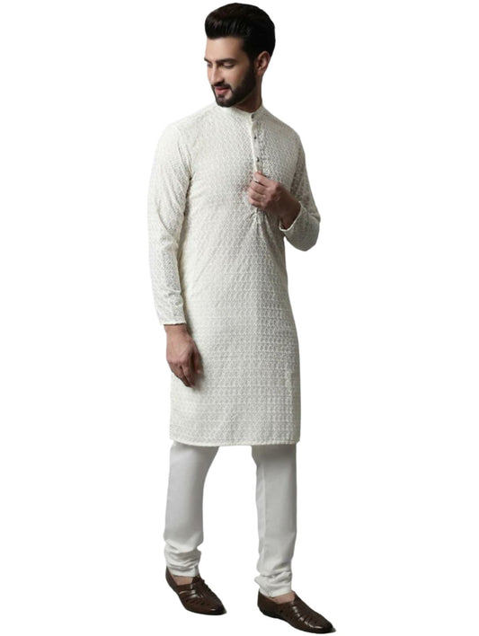 Chikankari Kurta with Churidar Ethnic Motifs Embroidered Pure Cotton