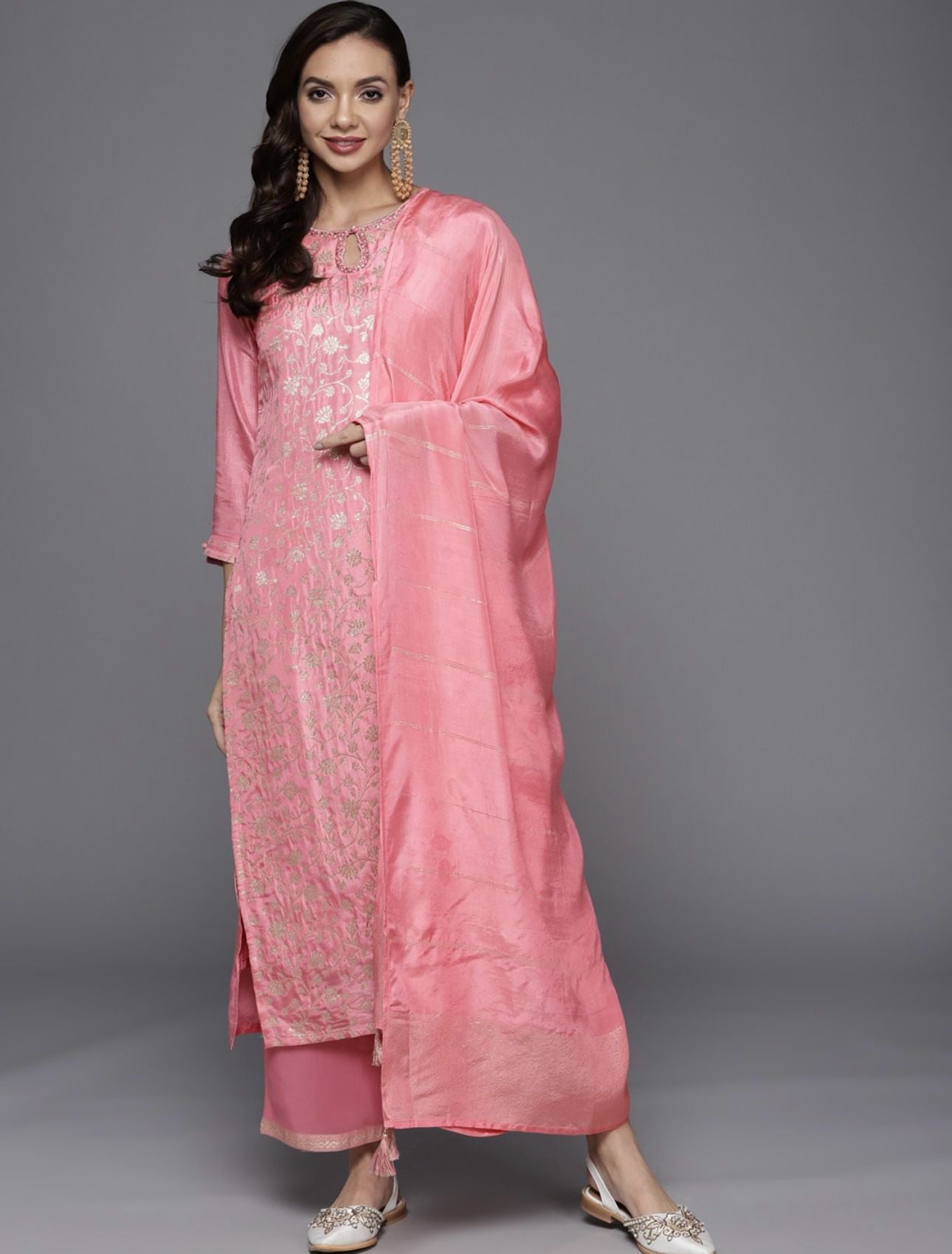 Pink Zari Kurta with Palazzos & With Dupatta