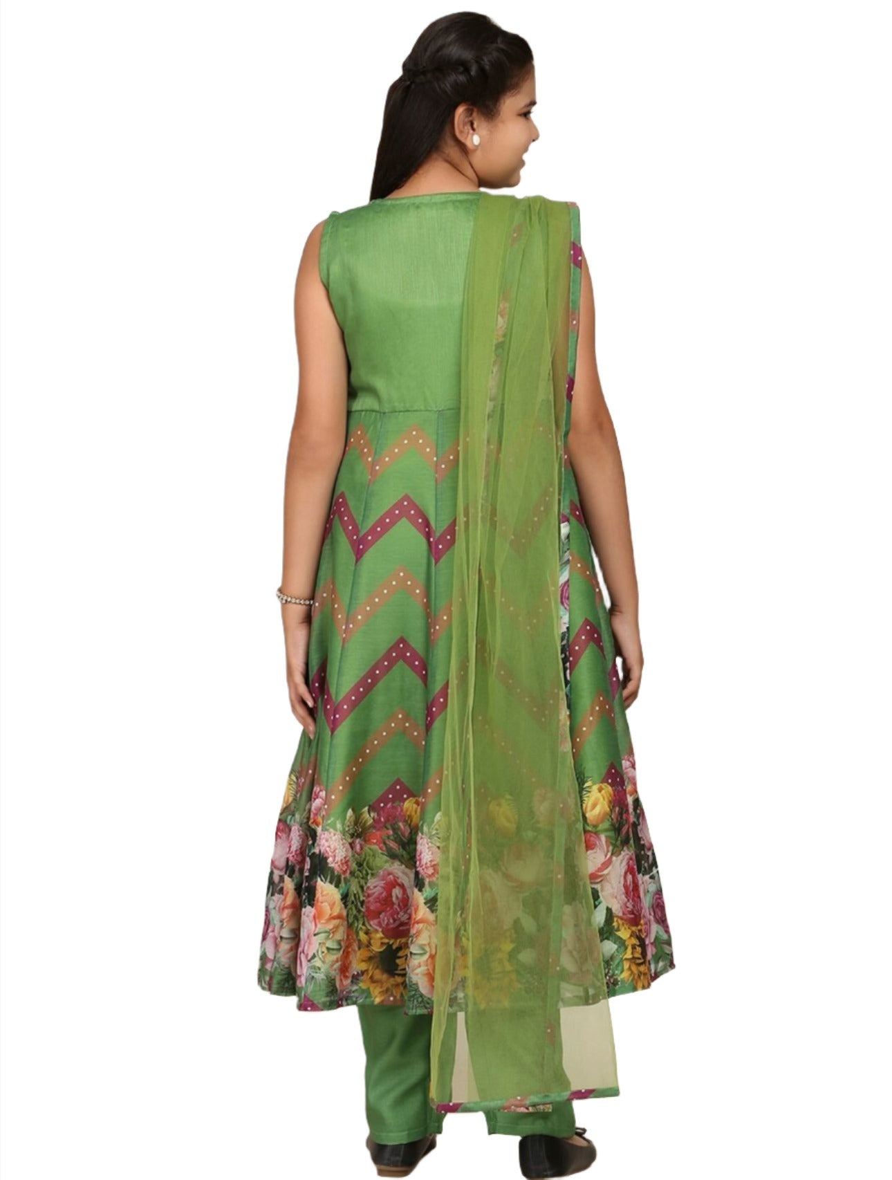 Kurti with Churidar & With Dupatta for Girls Green Floral Printed