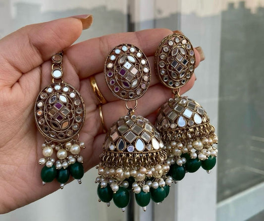 Mang Tikka With Jhumki Designer Mirror Cut