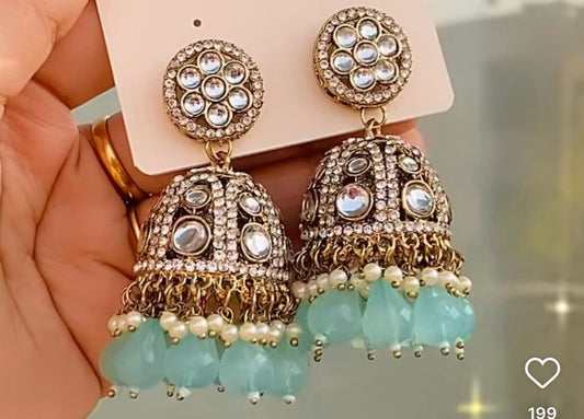 Gold-Plated Dome Shaped Kundan Studded Jhumkas