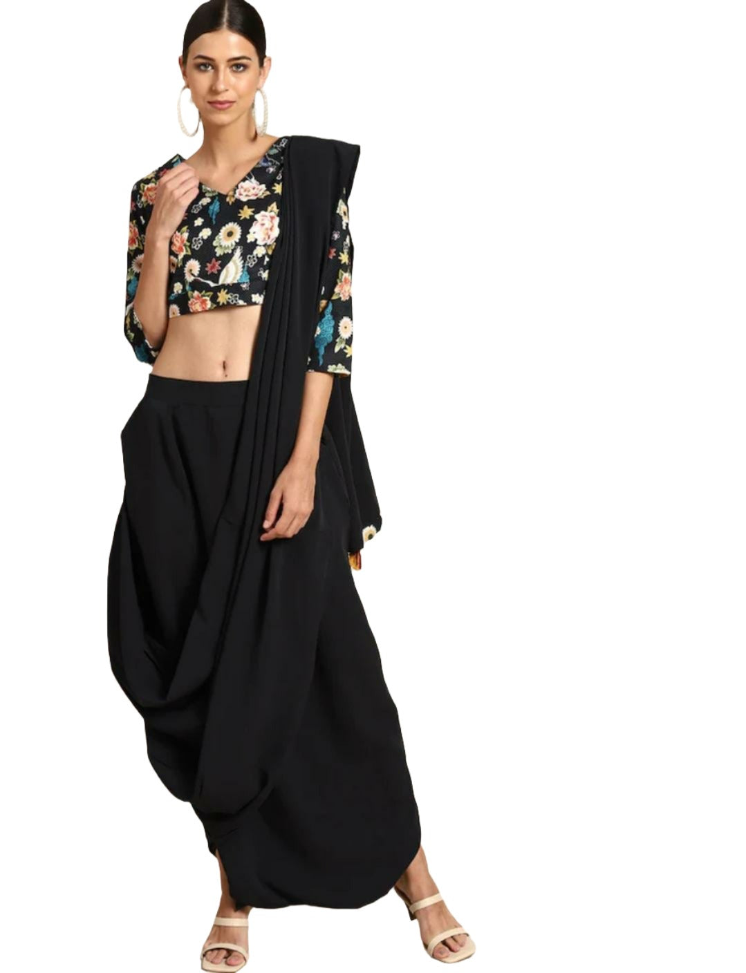 Schwarzes reguläres Oberteil mit Blumenmuster für Damen und Haremshose mit befestigter Dupatta