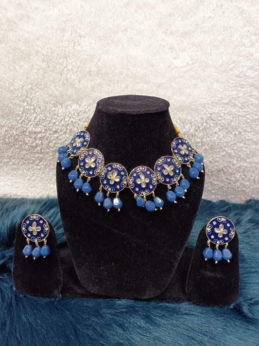 Gold-Plated Kundan Meenakari Enamelled Choker Necklace Jewellery Set