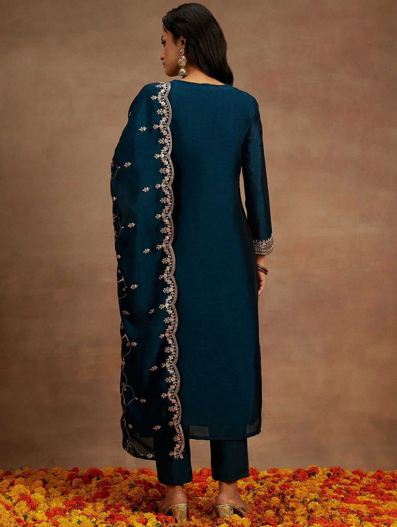Yoke Design Sequinned Straight Kurta with Trousers & With Dupatta