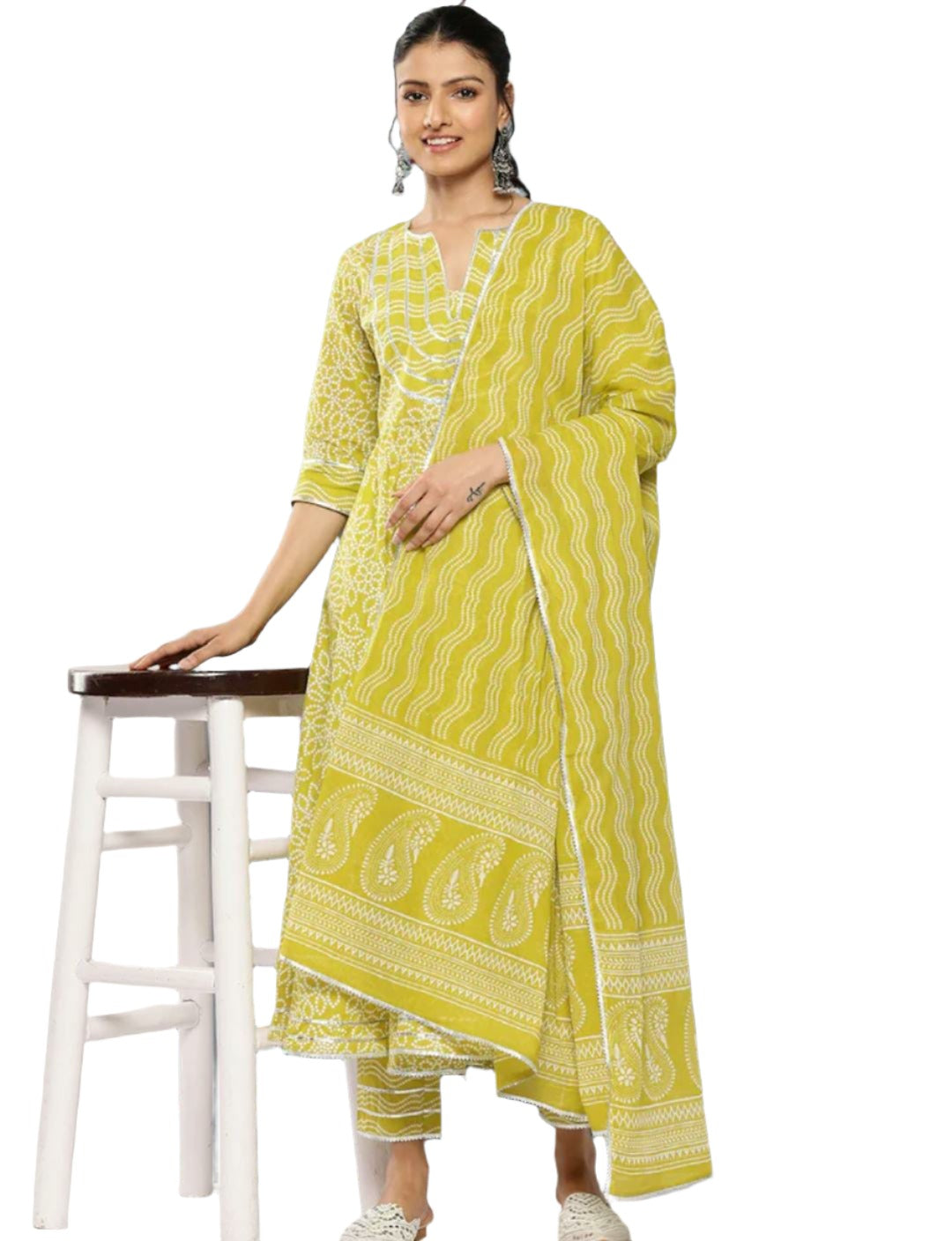Bandhani Yoke Design Empire Gotta Patti Cotton Kurta with Trousers & Dupatta