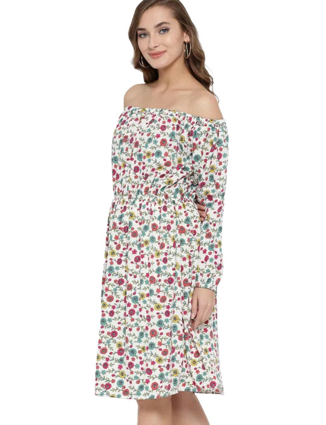 Women Off-White & Pink Floral Printed Blouson Dress