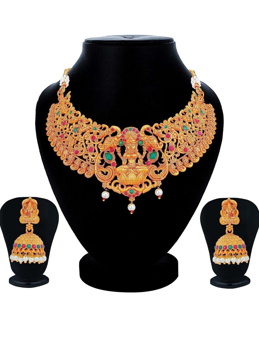 Gold Plated Temple Jewellery Goddess Laxmi Choker Necklace Set for Women