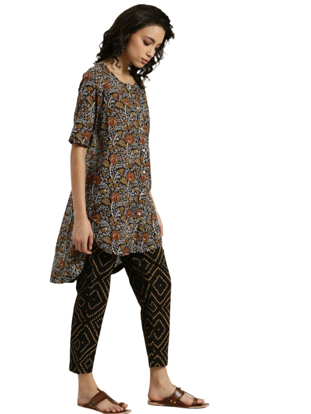 Women Black & Mustard Brown Pure Cotton Floral Print High-Low Kurta with Trousers