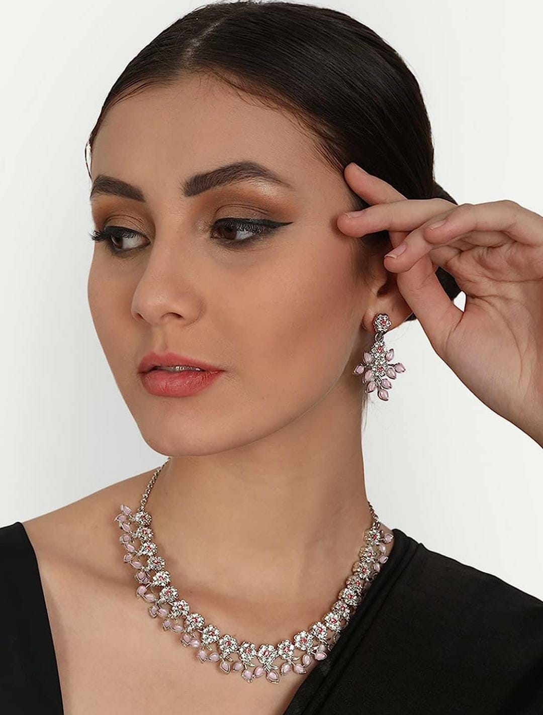Pink Kundan Silver Plated Crystal AD Diamond Necklace Jewellery Set with Earrings for Women and Girls Suits Best Party, Wedding and Occasional Wear
