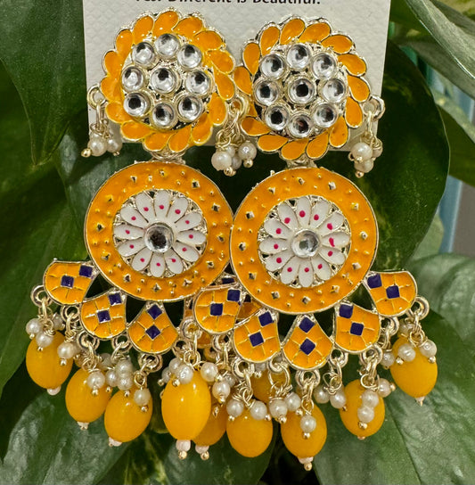 Gold-Plated Contemporary Meenakari Kundan Drop Earrings