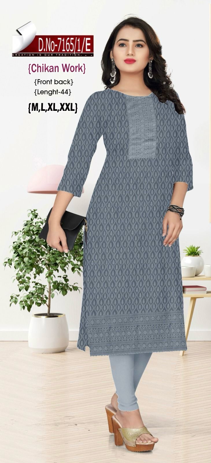 Women Grey Embroidered Chikankari Straight Kurta