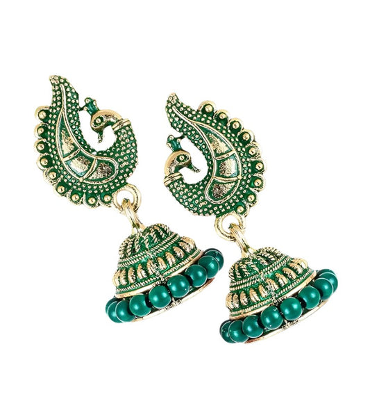 Peacock Jhumkas Jhumka jhumki Earrings Combo set Ear rings For Women girls Ladies Traditional Wedding Temple Gold Meenakari Ethnic Antique South Indian Round Pearl Moti Feather jhumki