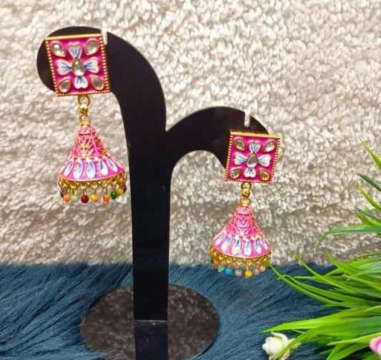 Jhumkas Meenakari Dome Kundan Earrings