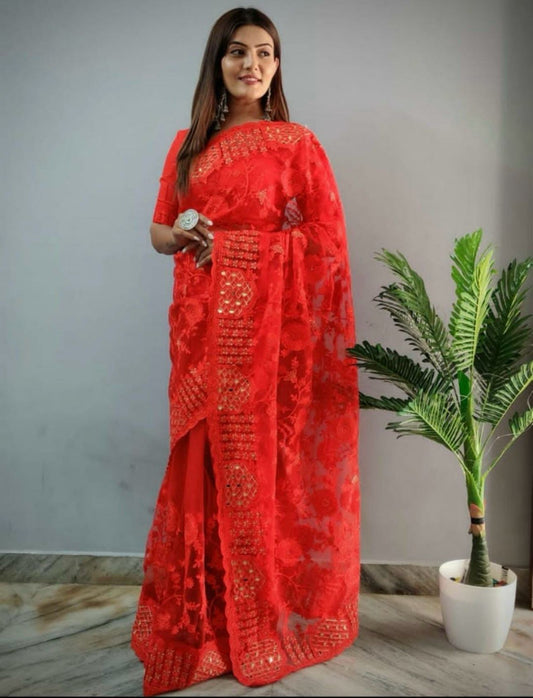 Net Saree Bollywood Butterfly Net with Beautiful Aari work with To cited mirror work and Diamond work
