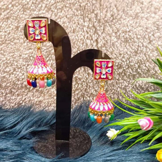 Jhumkas Meenakari Dome Kundan Earrings