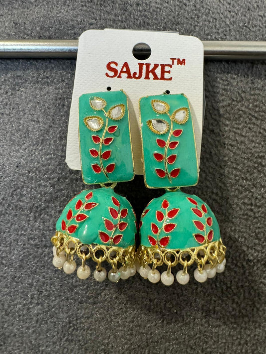 Floral Handcrafted Enamel Kundan Pearl Jhumki Earrings for Women