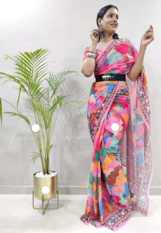 Ready To Wear Saree Premium Georgette With Digital Print With Crochet Sequins Work