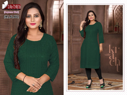Frauen Flaschengrün bestickt mit Sequence Chikankari Straight Kurta 