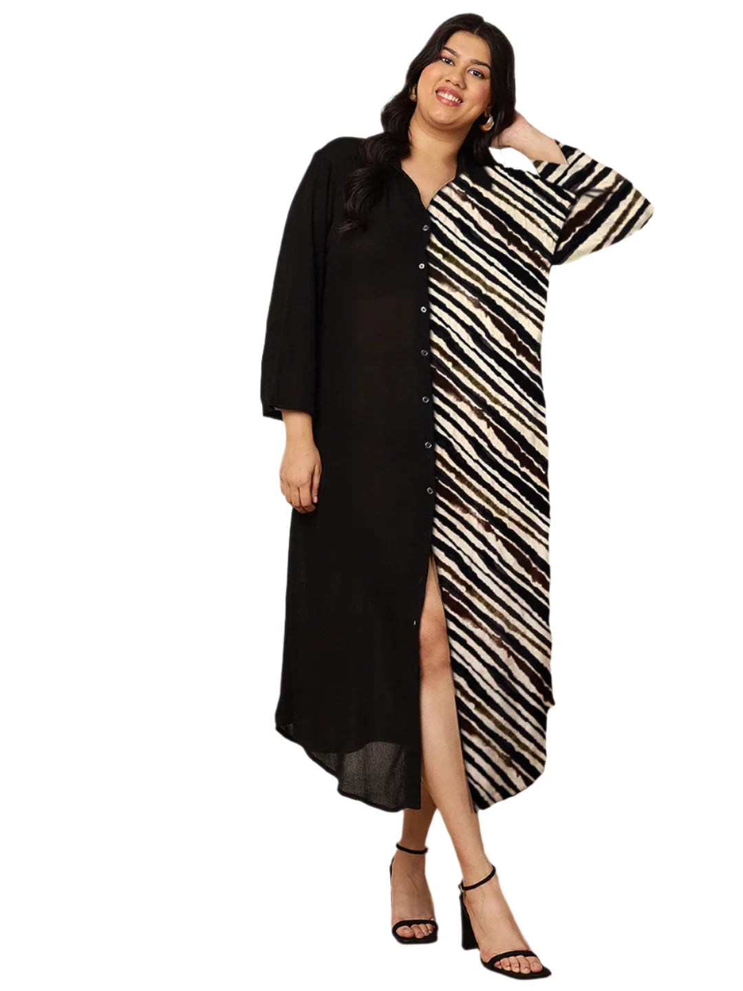 Women's Plus Size Black Diagonal Striped Shirt Dress in Germany