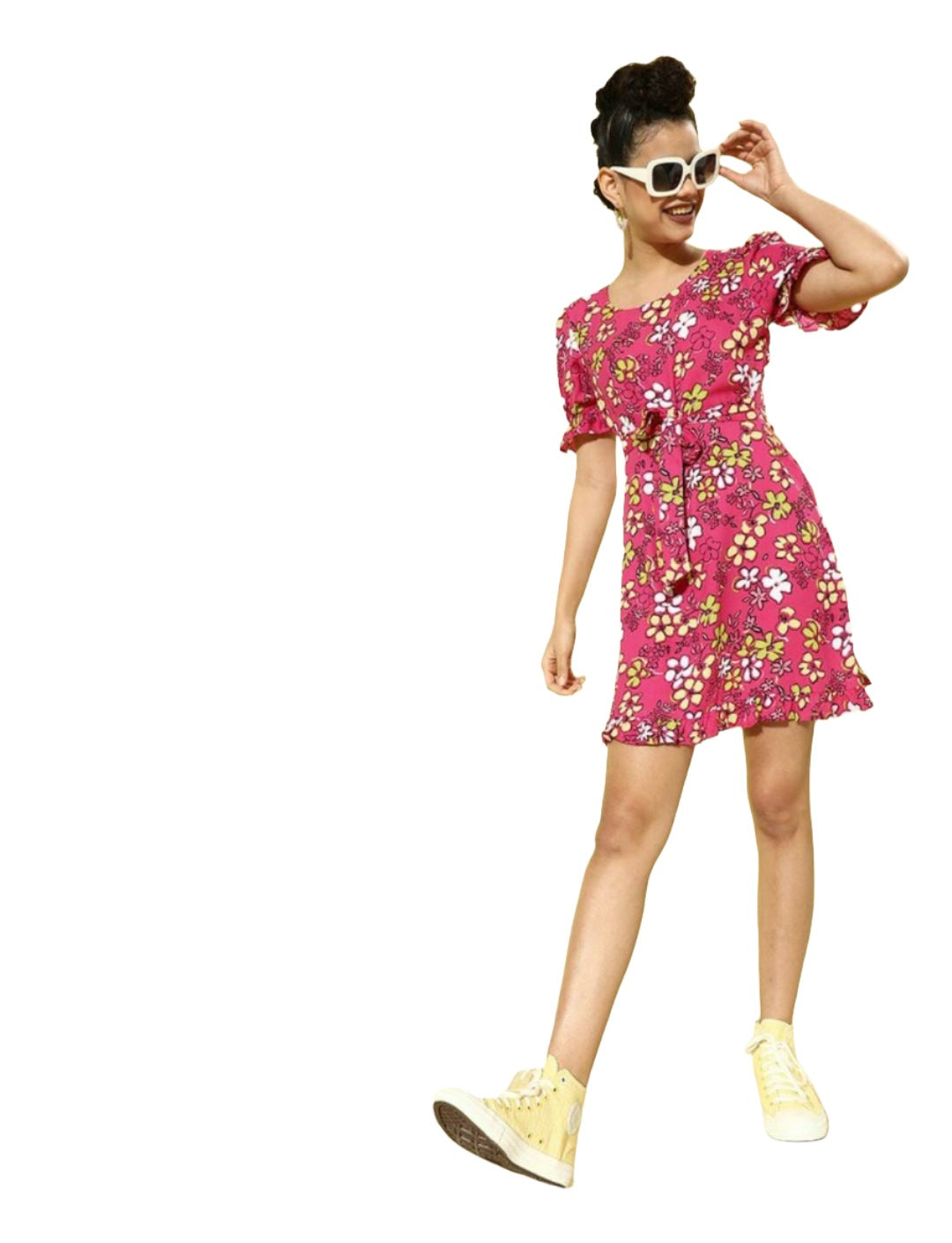 Women Pretty Pink Floral Cinched Waist Dress