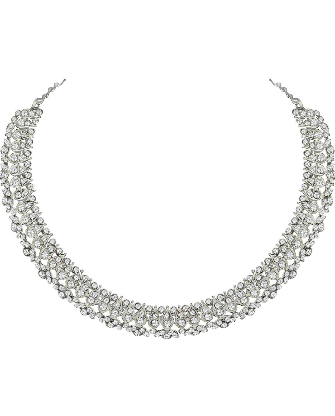 Silver Plated AD Crystal Austrian Diamond Necklace Jewellery Set with Earrings & Maang Tikka