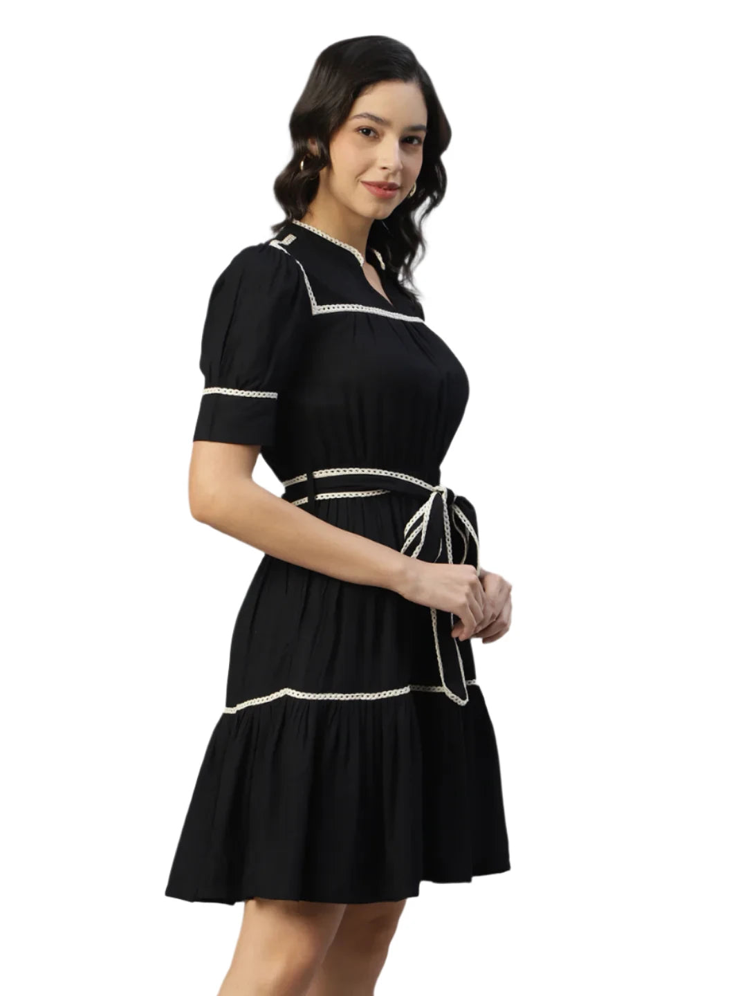 Women's Black Fit & Flare Puff Sleeve Knee Length Dress in Munich