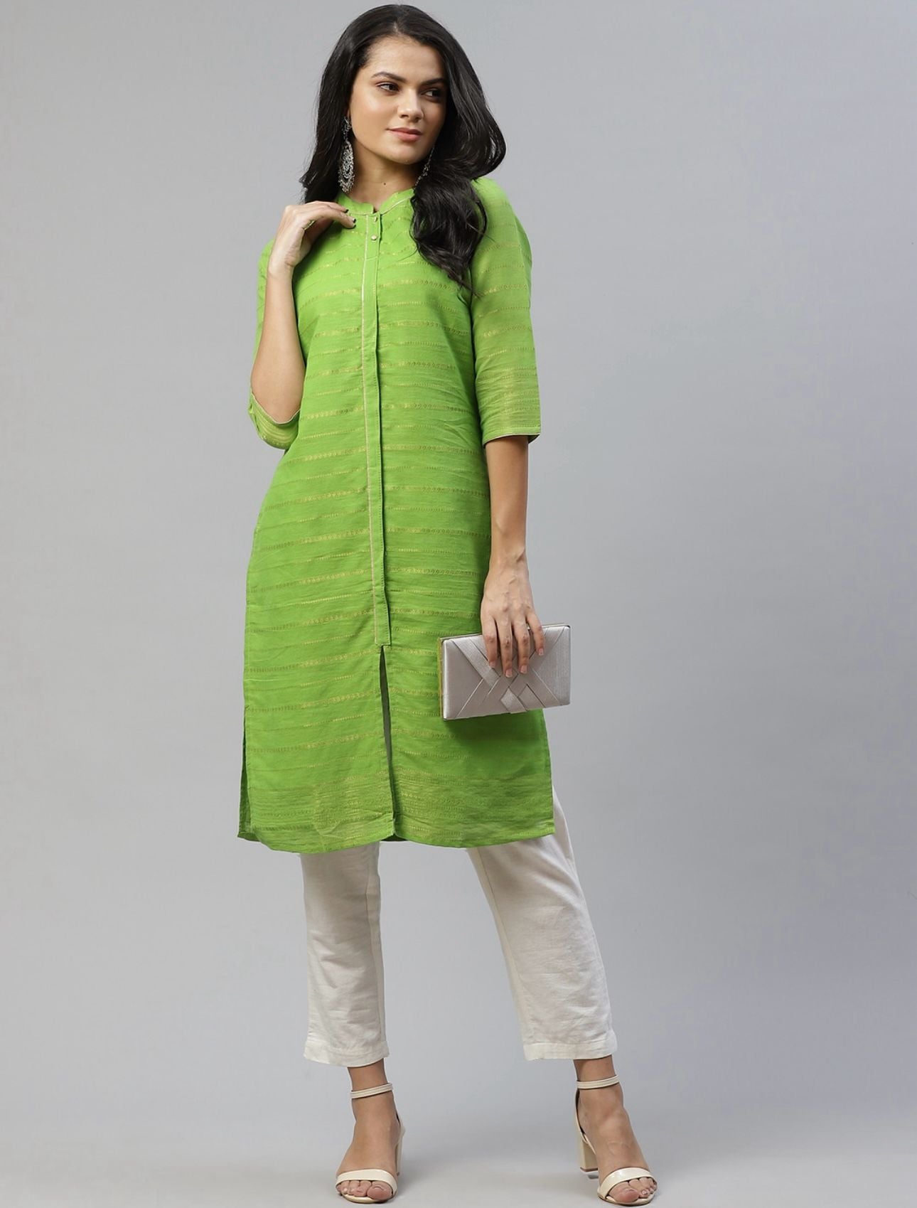 Women Green & Golden Striped Dobby Kurta