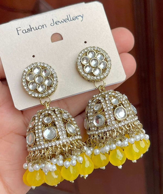 Gold-Plated Dome Shaped Kundan Studded Jhumkas