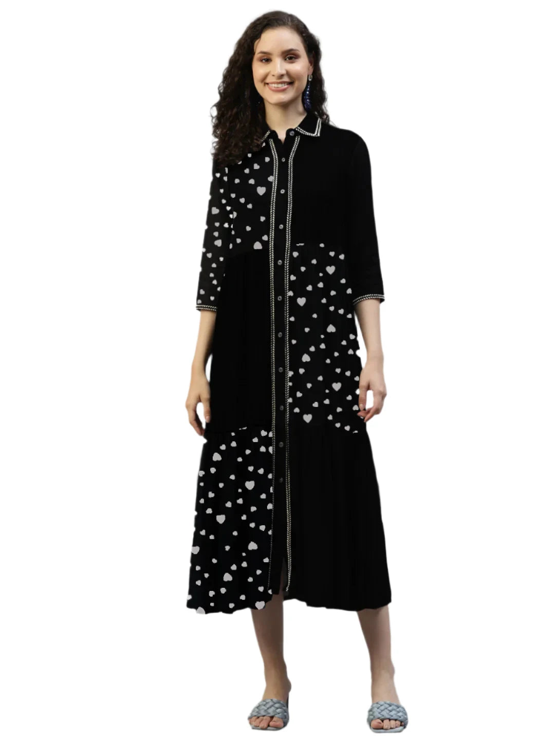 Black Color Blocked Heart Printed Women'S Shirt Dress in Germany