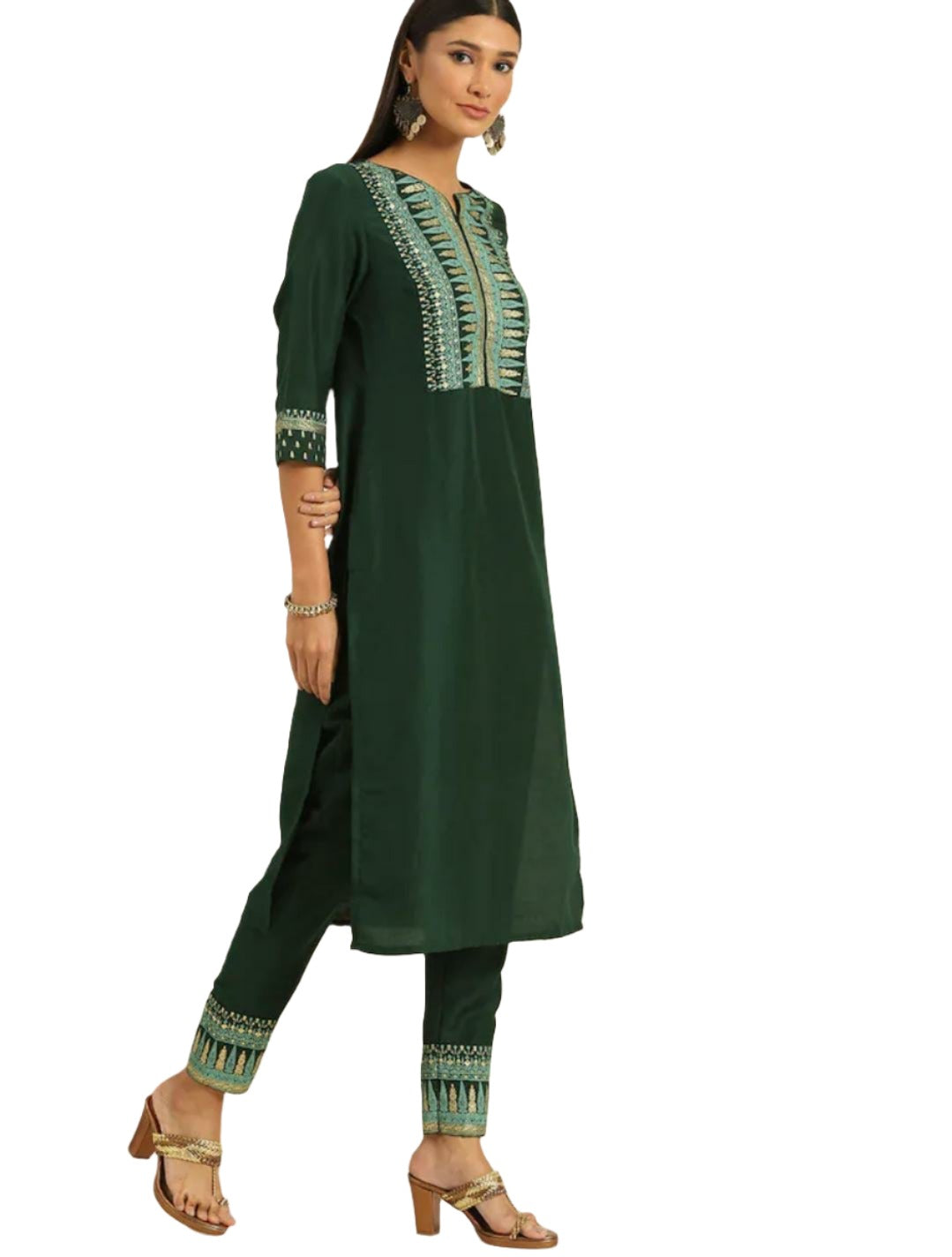 Women Green Ethnic Motifs Printed Regular Kurta with Trousers