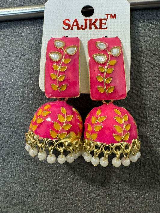 Floral Handcrafted Enamel Kundan Pearl Jhumki Earrings for Women