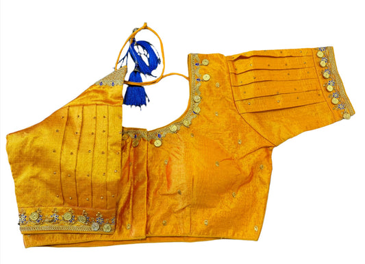 Silk Temple Coin Blouse embroidery and fabric detail - Neha Couture Indian Fashion