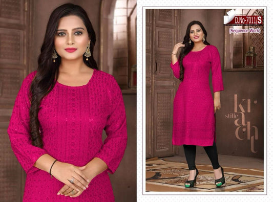 Damen Rani Pink bestickt mit Sequence Chikankari Straight Kurta
