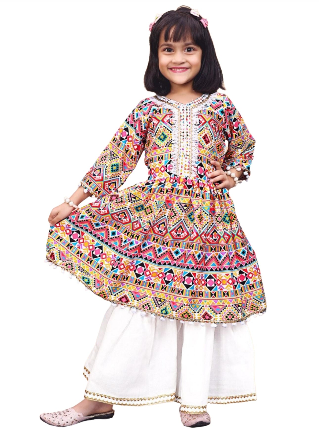 Anarkali Kurta With Sharara for Girls Geometric Printed Angrakha 