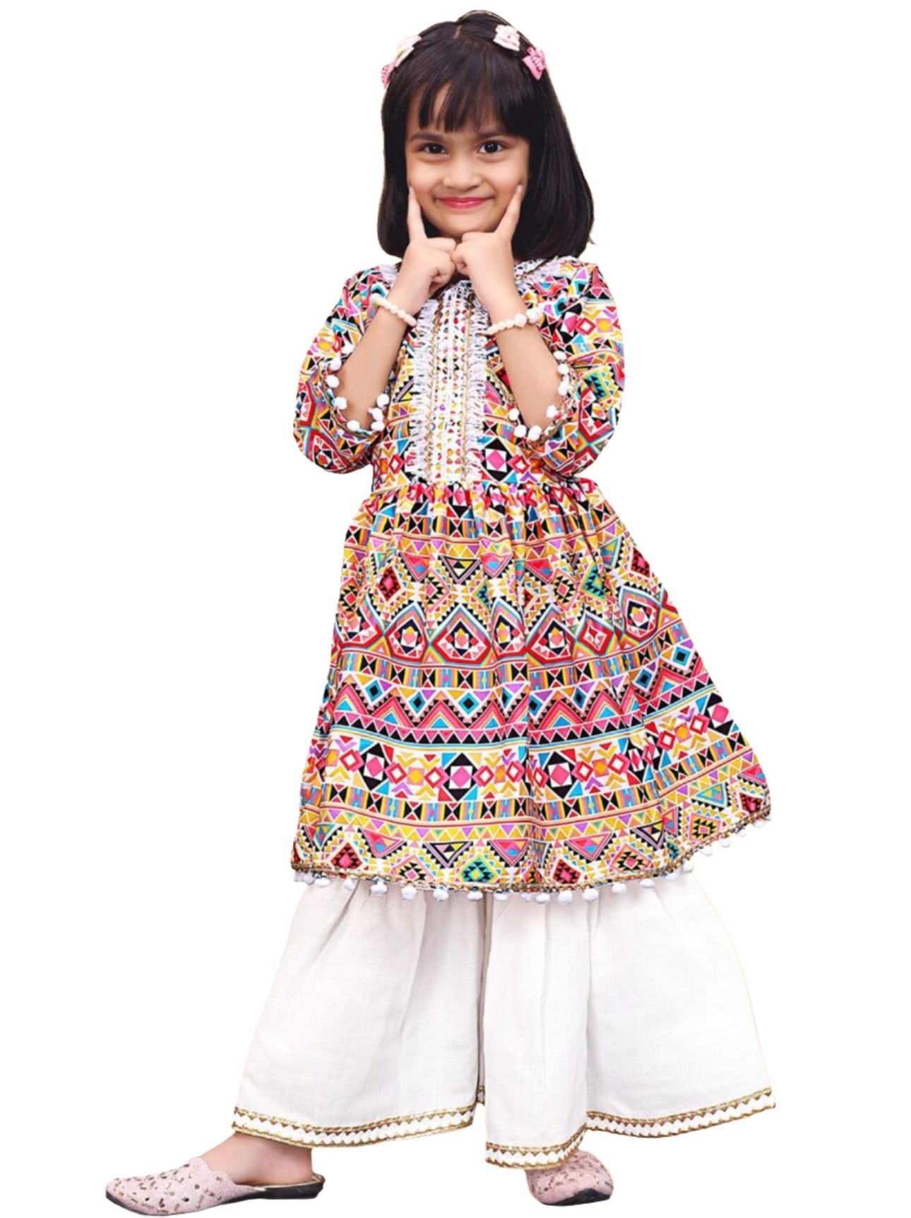 Anarkali Kurta With Sharara for Girls Geometric Printed Angrakha 