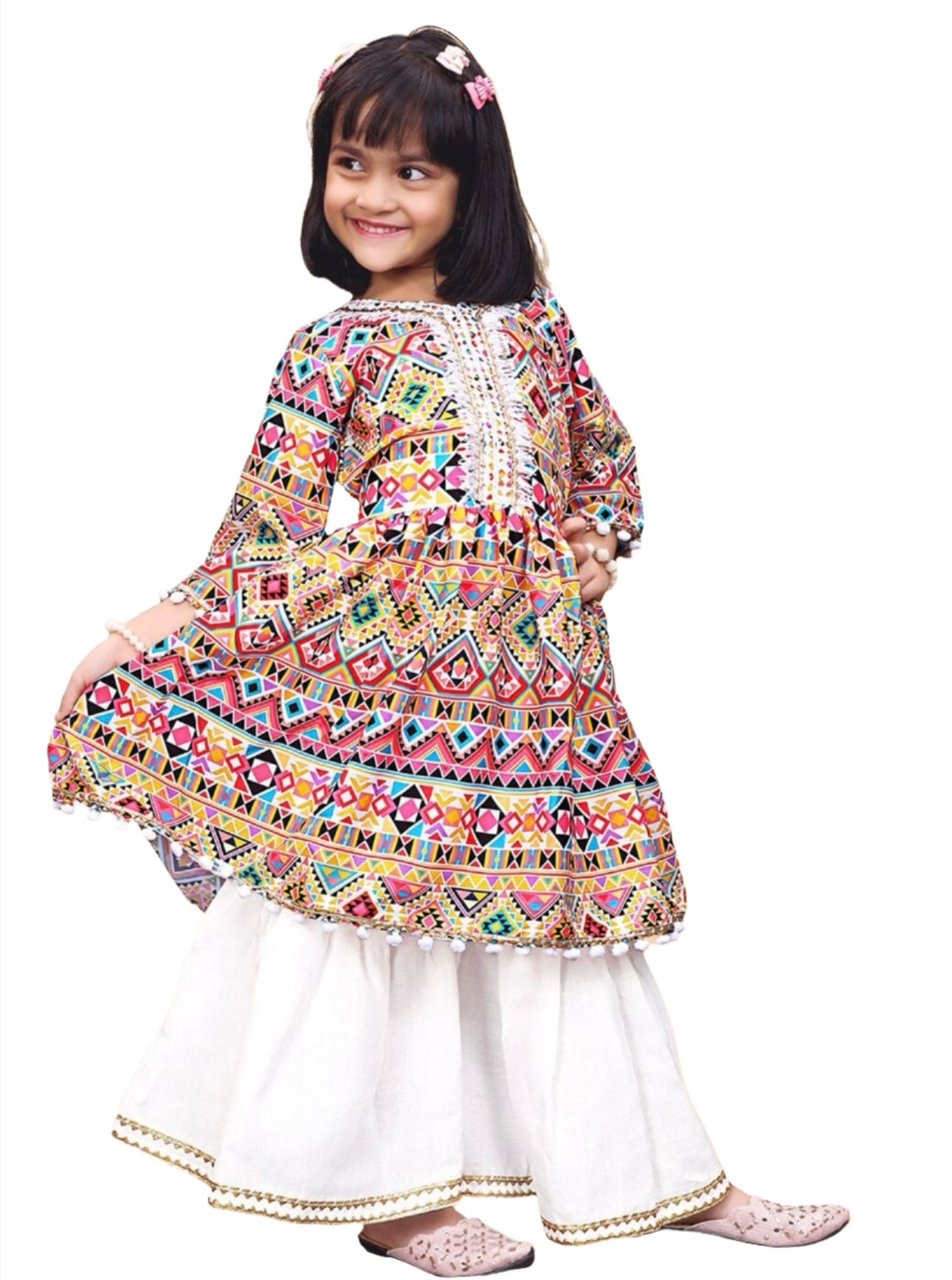 Anarkali Kurta With Sharara for Girls Geometric Printed Angrakha 