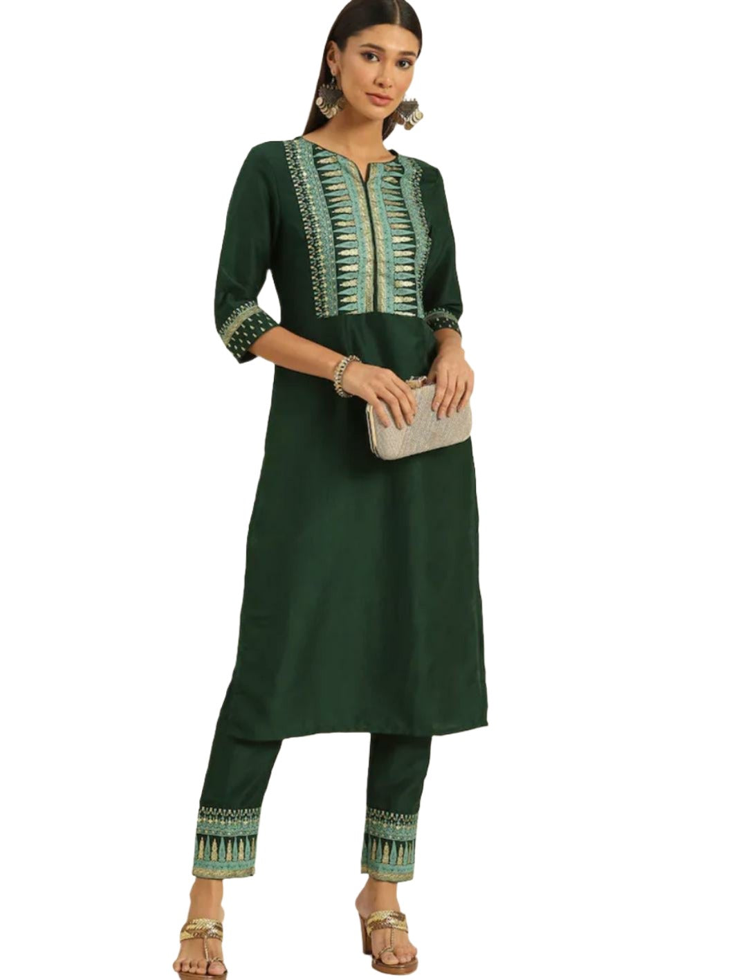 Women Green Ethnic Motifs Printed Regular Kurta with Trousers