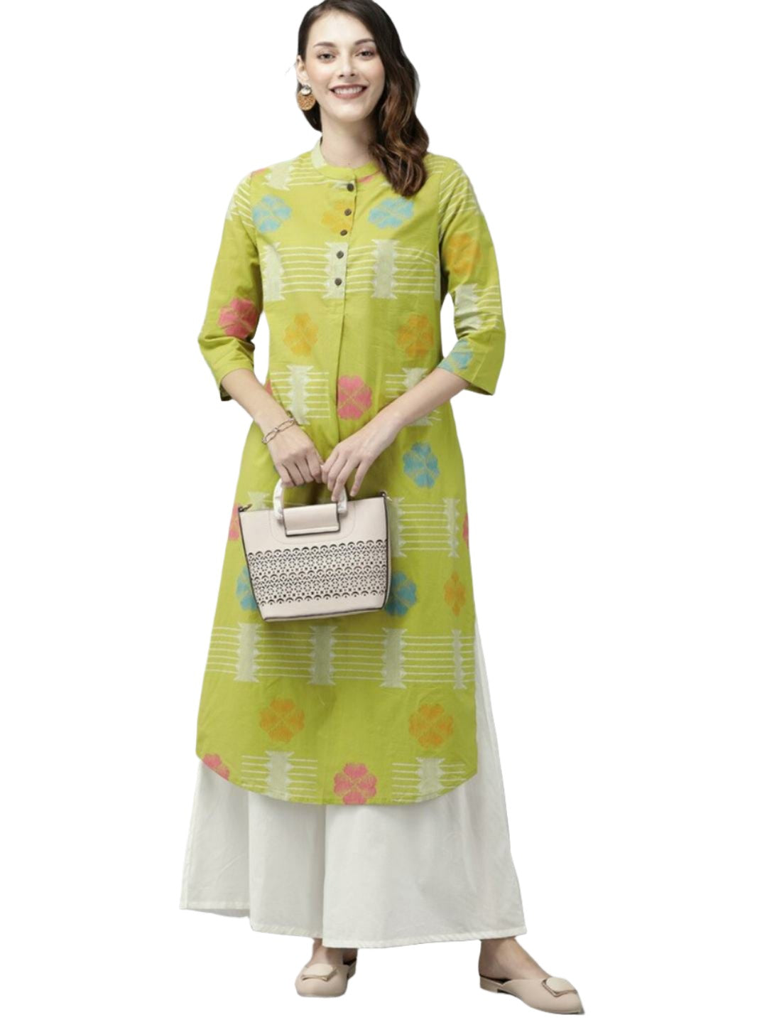 Women Green & White Antiviral Finish Pure Cotton Ethnic Motifs Print Kurta with Palazzos