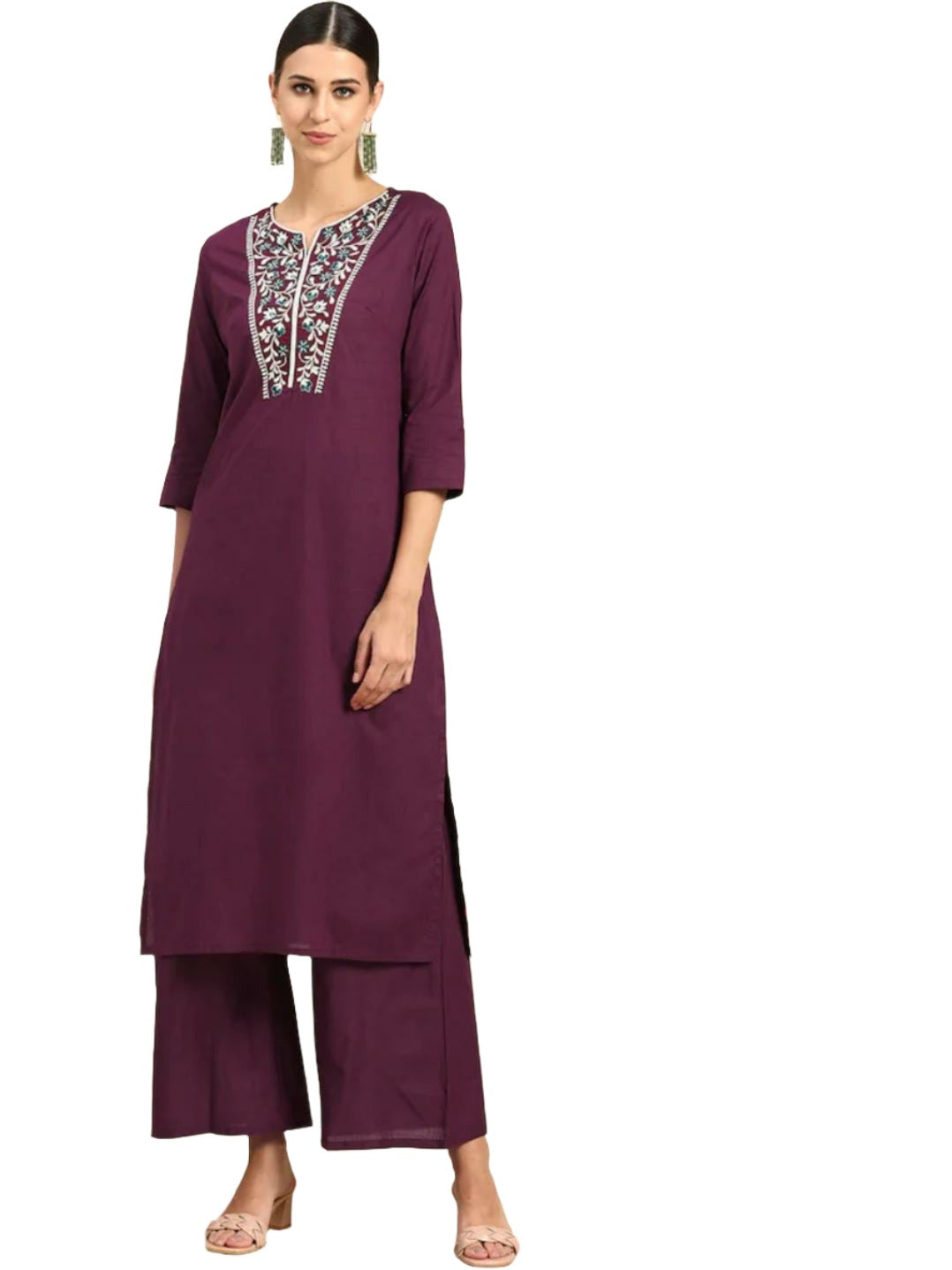 Women Purple Ethnic Motifs Yoke Design Regular Thread Work Pure Cotton Kurta with Palazzos