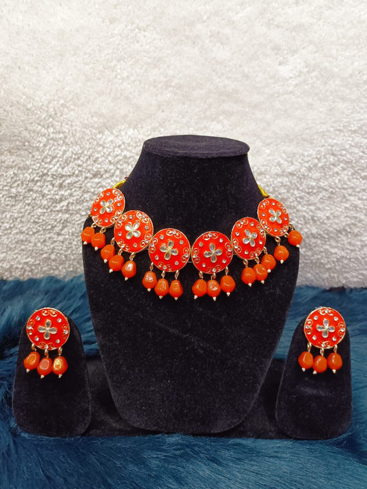 Gold-Plated Kundan Meenakari Enamelled Choker Necklace Jewellery Set