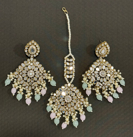 Spiegel-Kundan-Ohrringe mit Maang Tikka