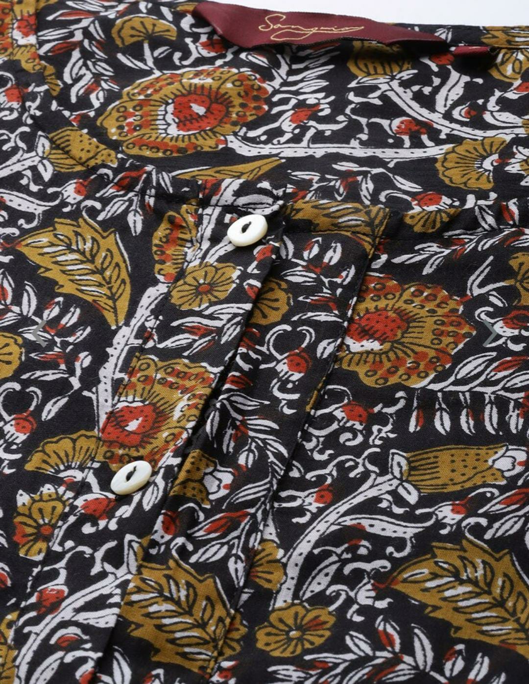 Women Black & Mustard Brown Pure Cotton Floral Print High-Low Kurta with Trousers