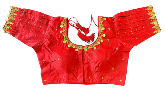 Silk Temple Coin Blouse embroidery and fabric detail - Neha Couture Indian Fashion