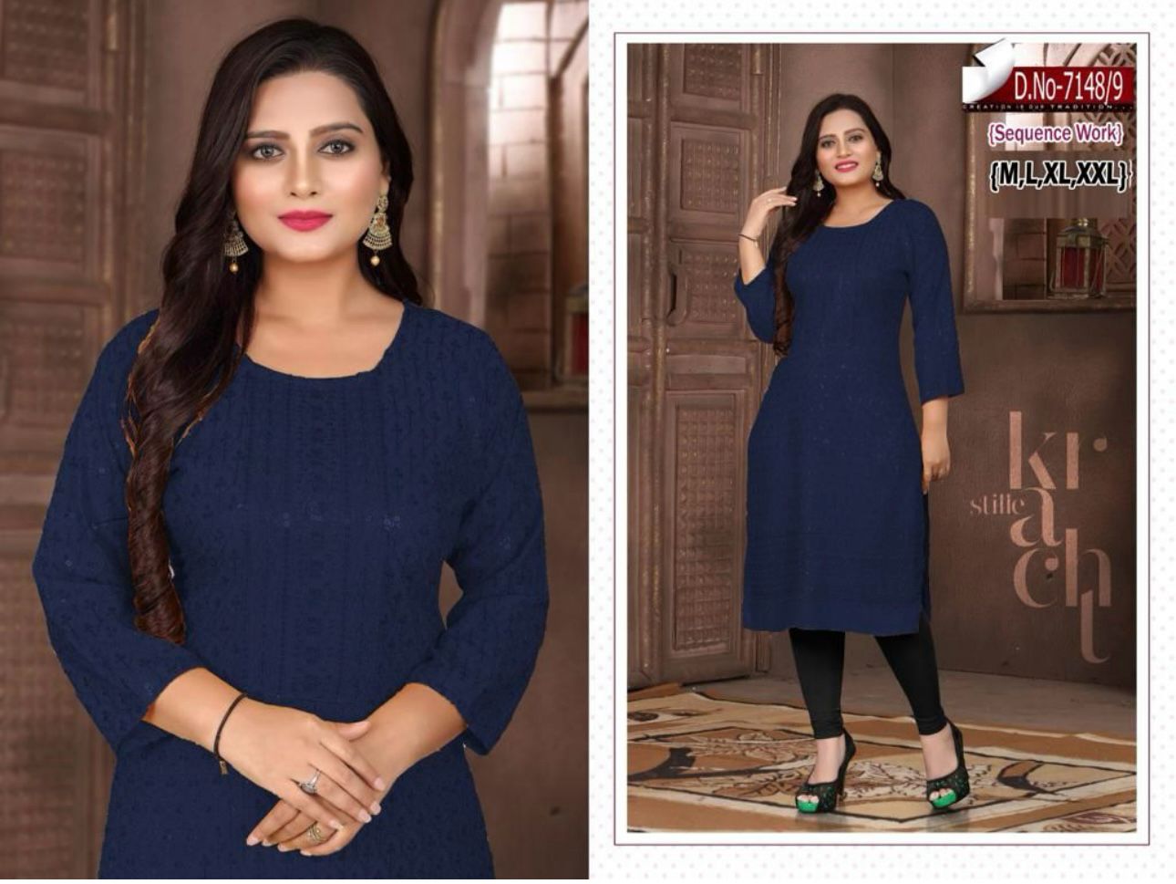 Damen Marineblau bestickt mit Sequence Chikankari Straight Kurta