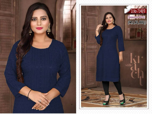 Damen Marineblau bestickt mit Sequence Chikankari Straight Kurta